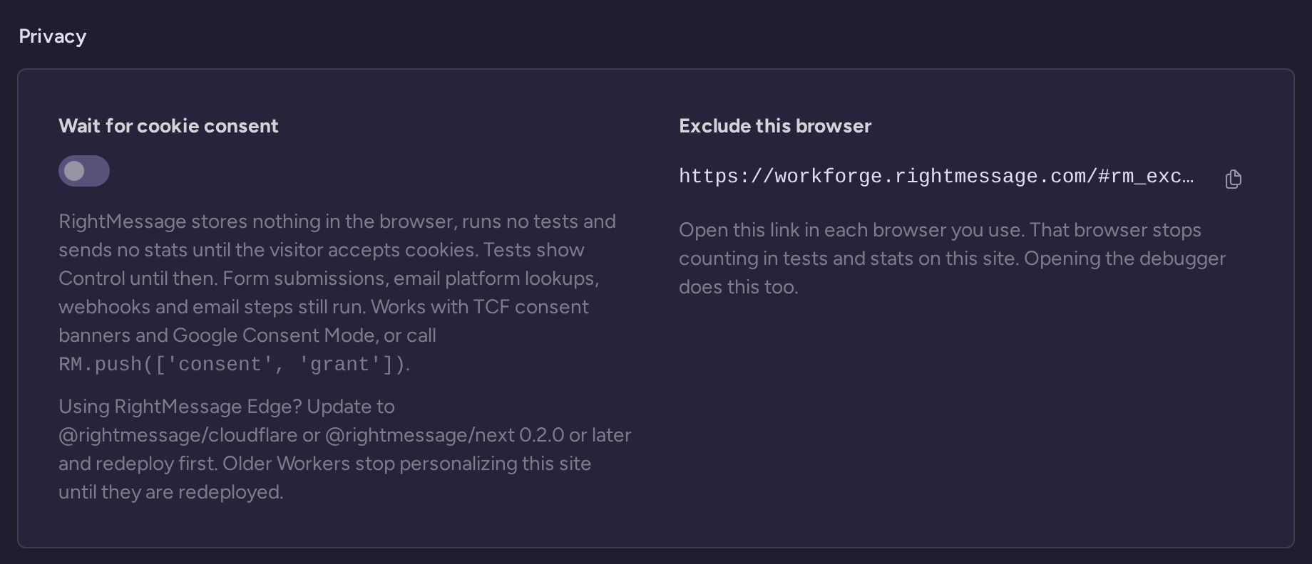 Privacy settings with Wait for cookie consent turned off and the Exclude this browser link