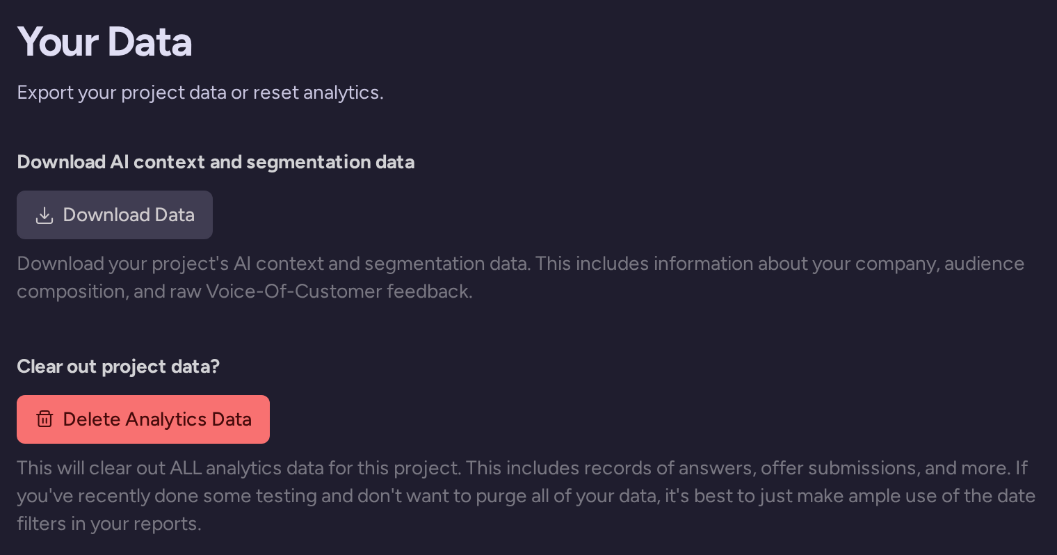Data settings for downloading AI context and segmentation data or clearing analytics