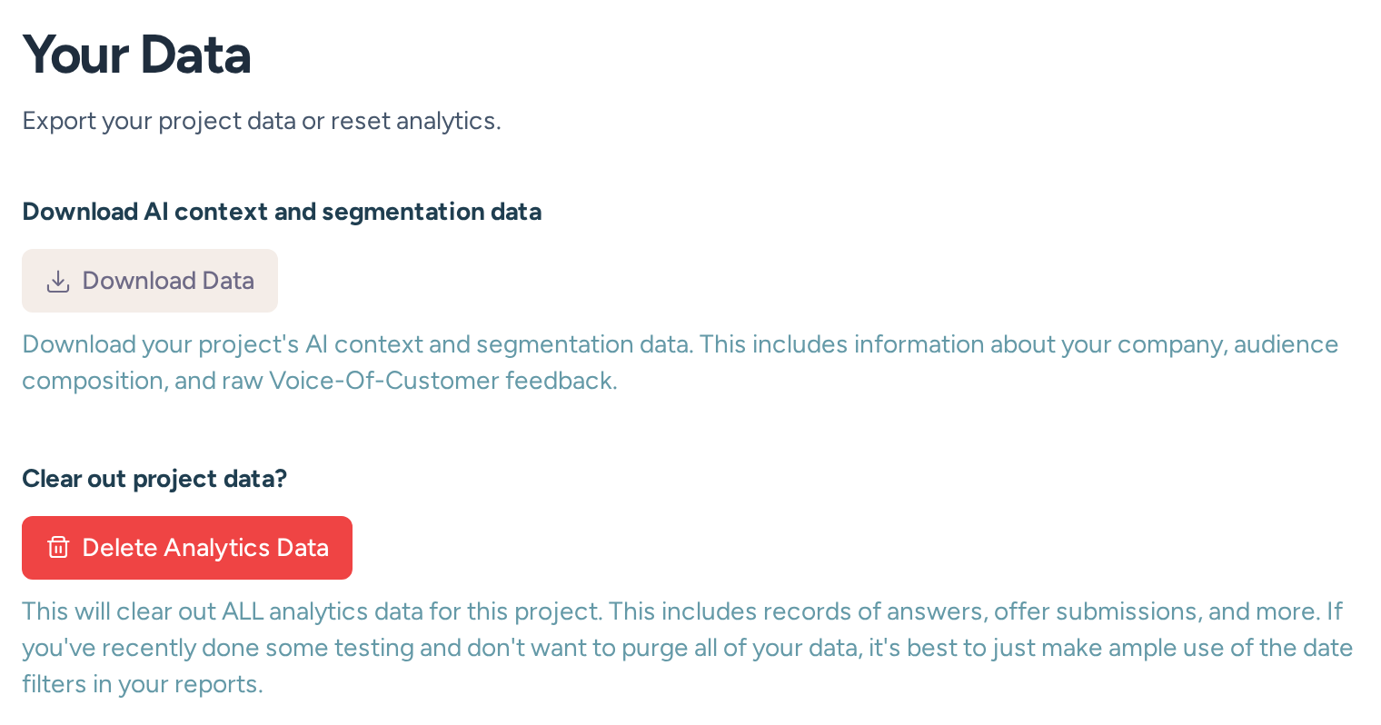 Data settings for downloading AI context and segmentation data or clearing analytics