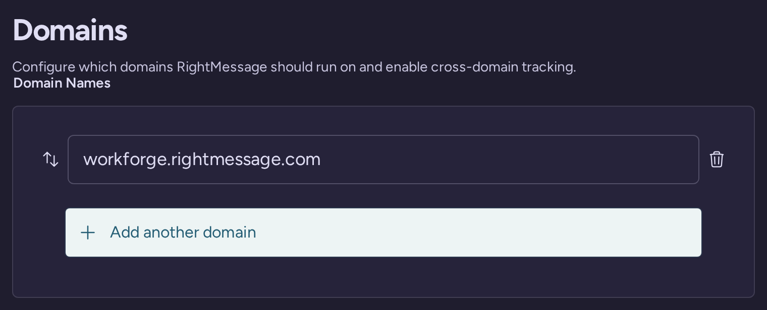 Domain settings listing the websites connected to this RightMessage project