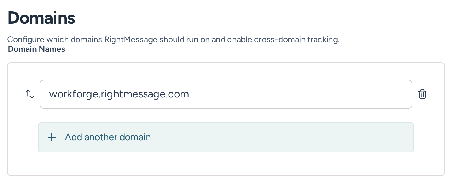 Domain settings listing the websites connected to this RightMessage project