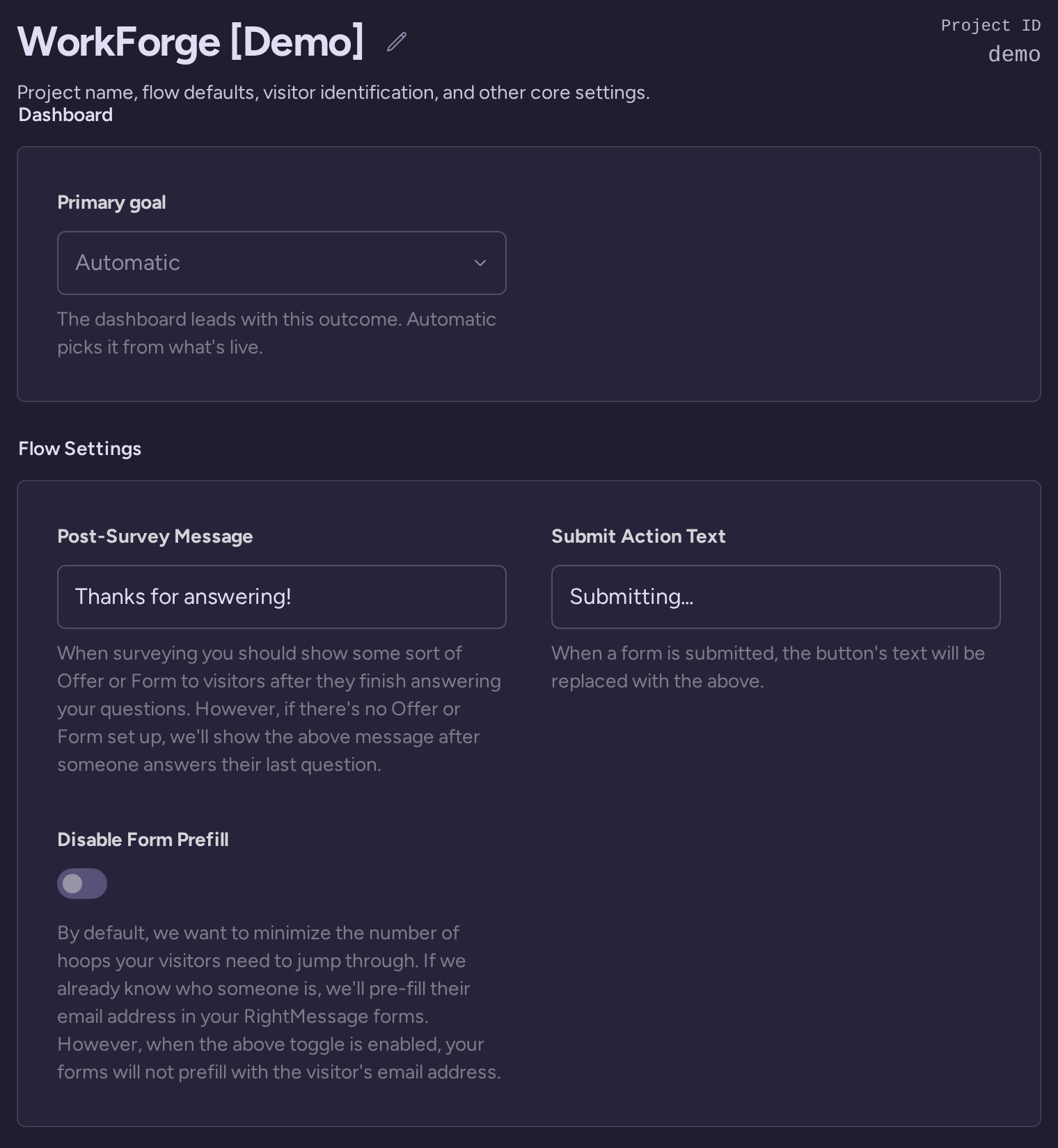General project settings showing the project name, primary dashboard goal and flow defaults