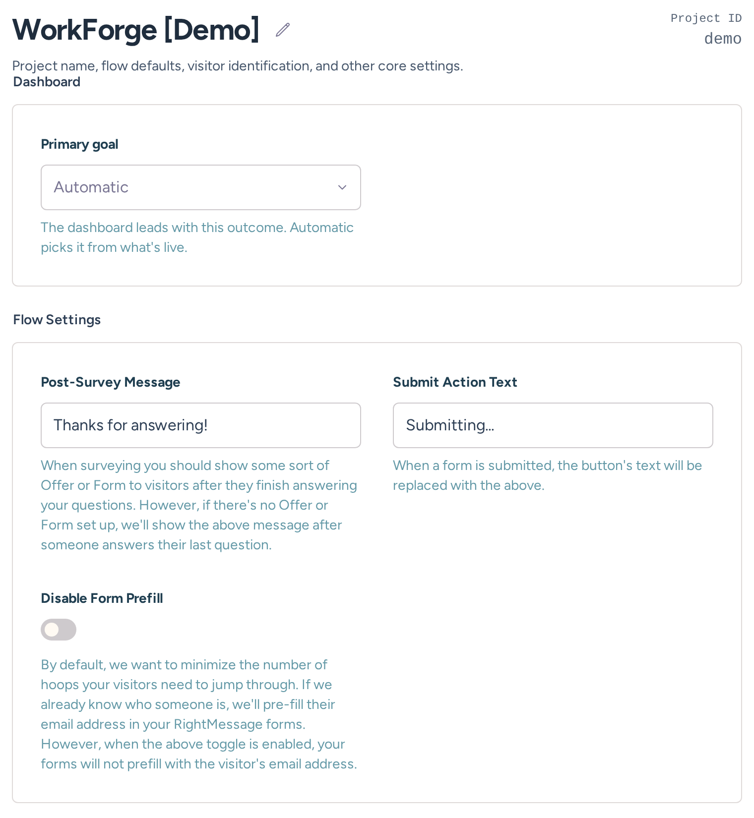 General project settings showing the project name, primary dashboard goal and flow defaults