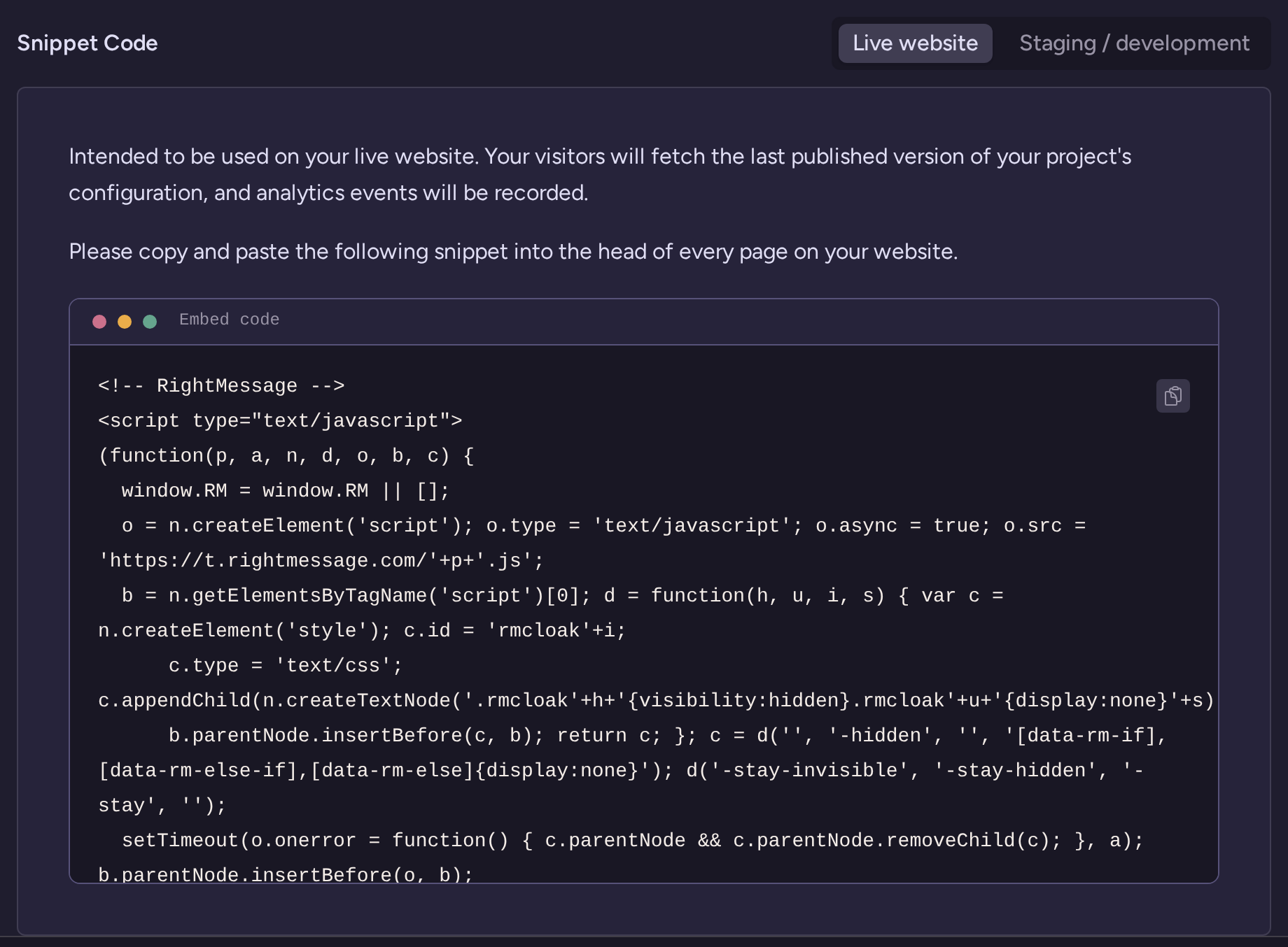 JavaScript installation snippet panel with live website and staging environment controls