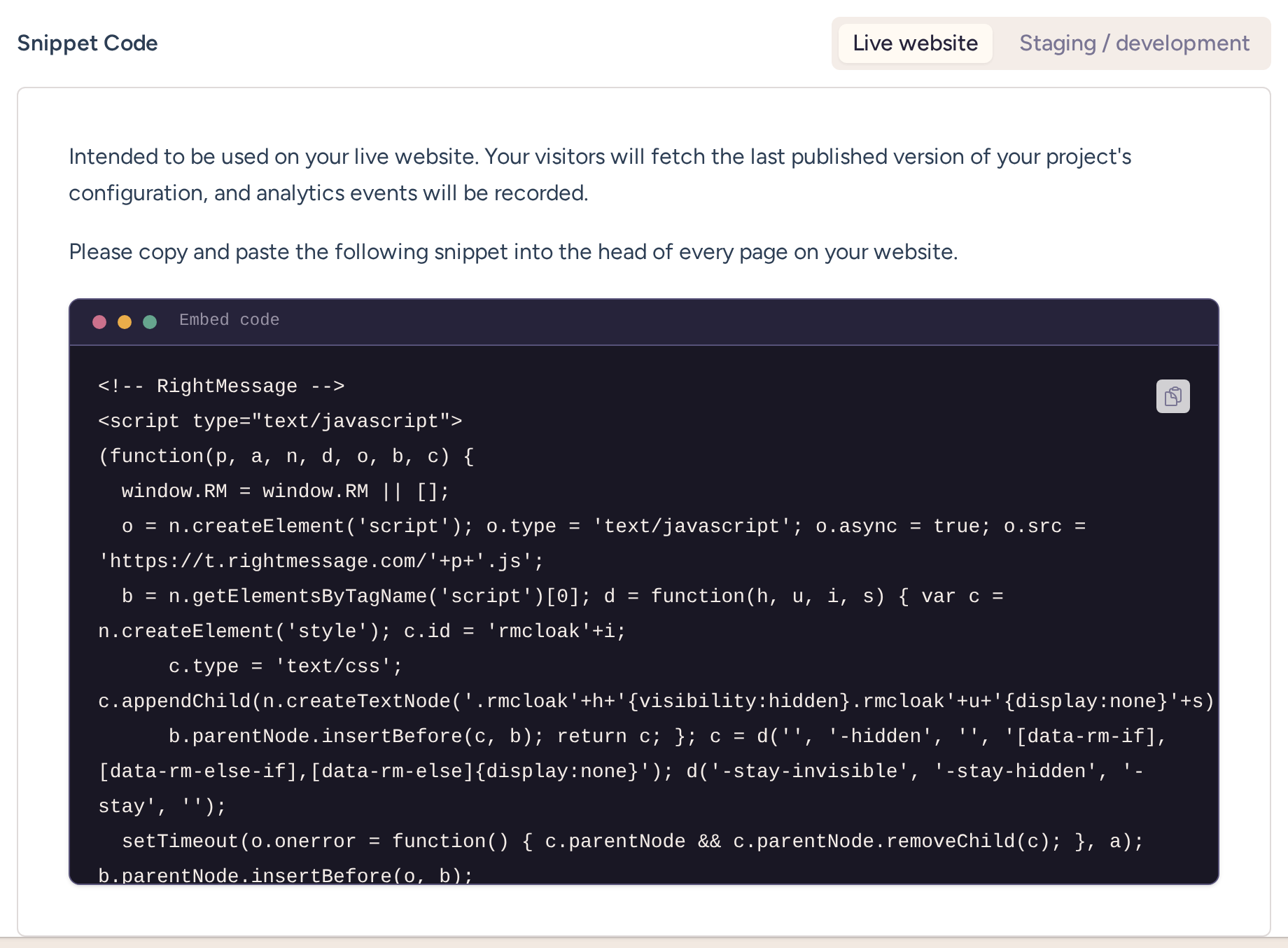 JavaScript installation snippet panel with live website and staging environment controls