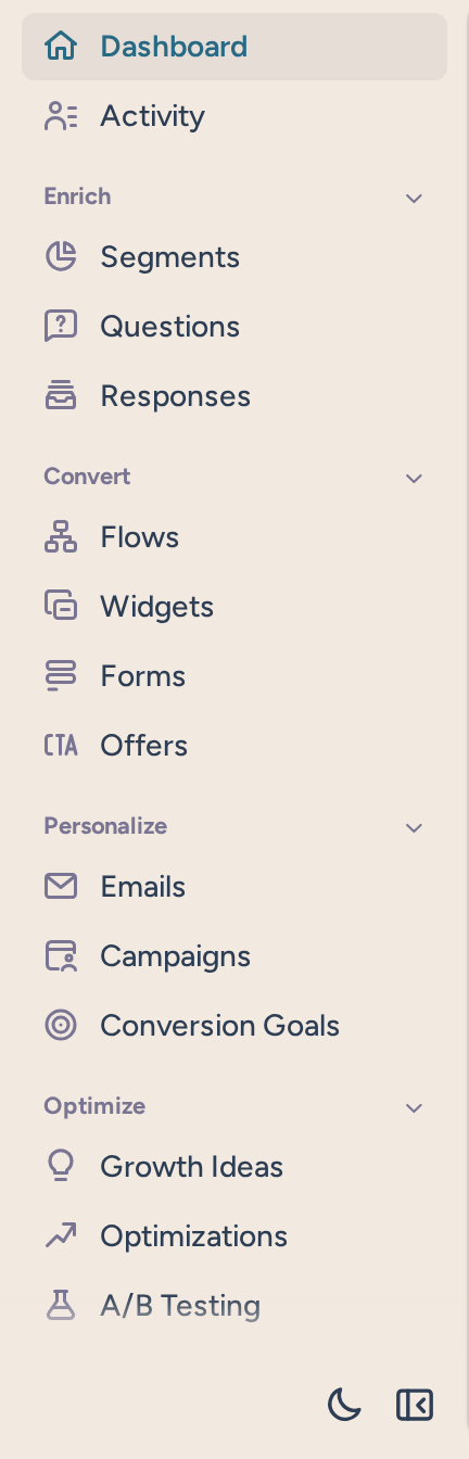 RightMessage navigation grouped into Enrich, Convert, Personalize and Optimize