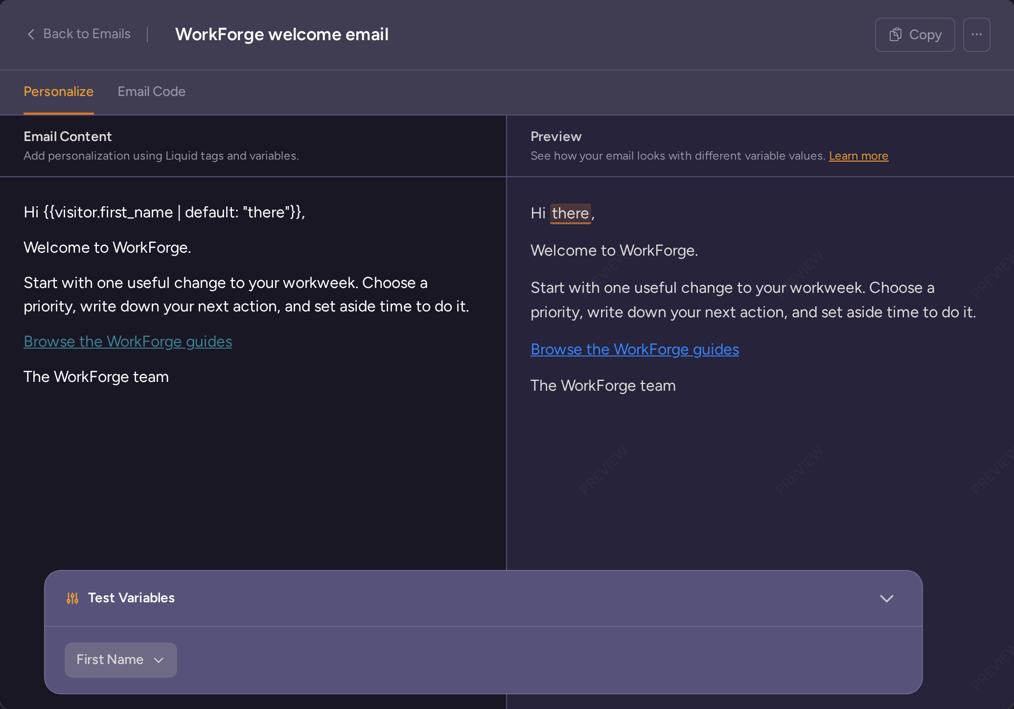 WorkForge welcome email editor with a first-name Liquid variable and its rendered preview