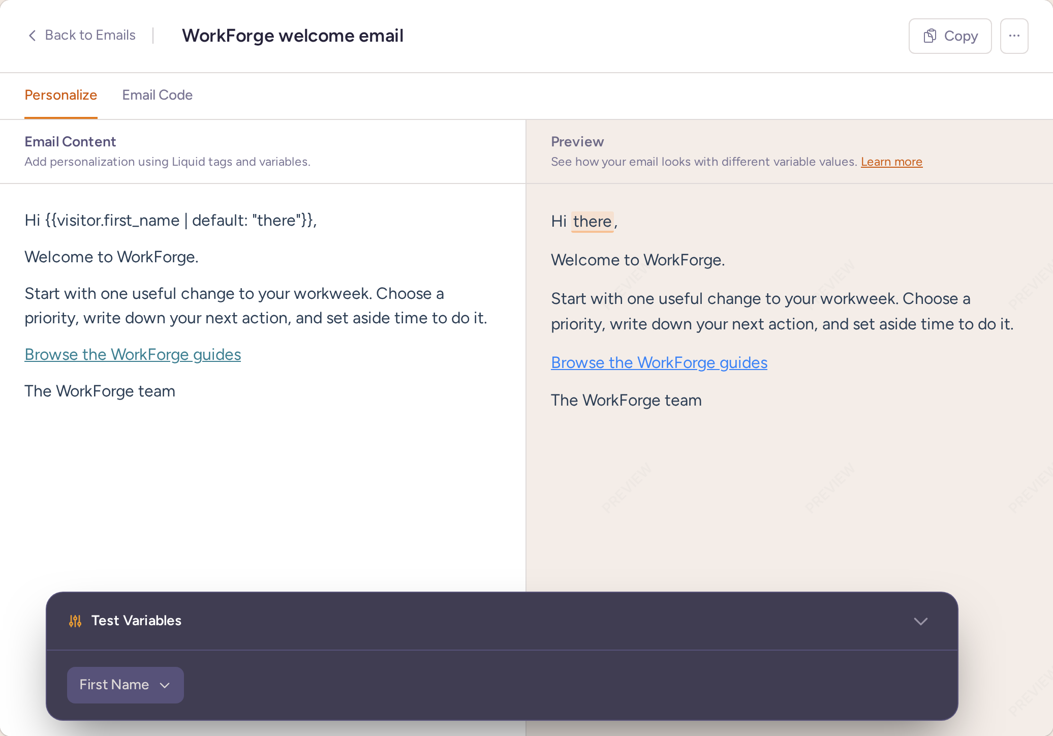 WorkForge welcome email editor with a first-name Liquid variable and its rendered preview