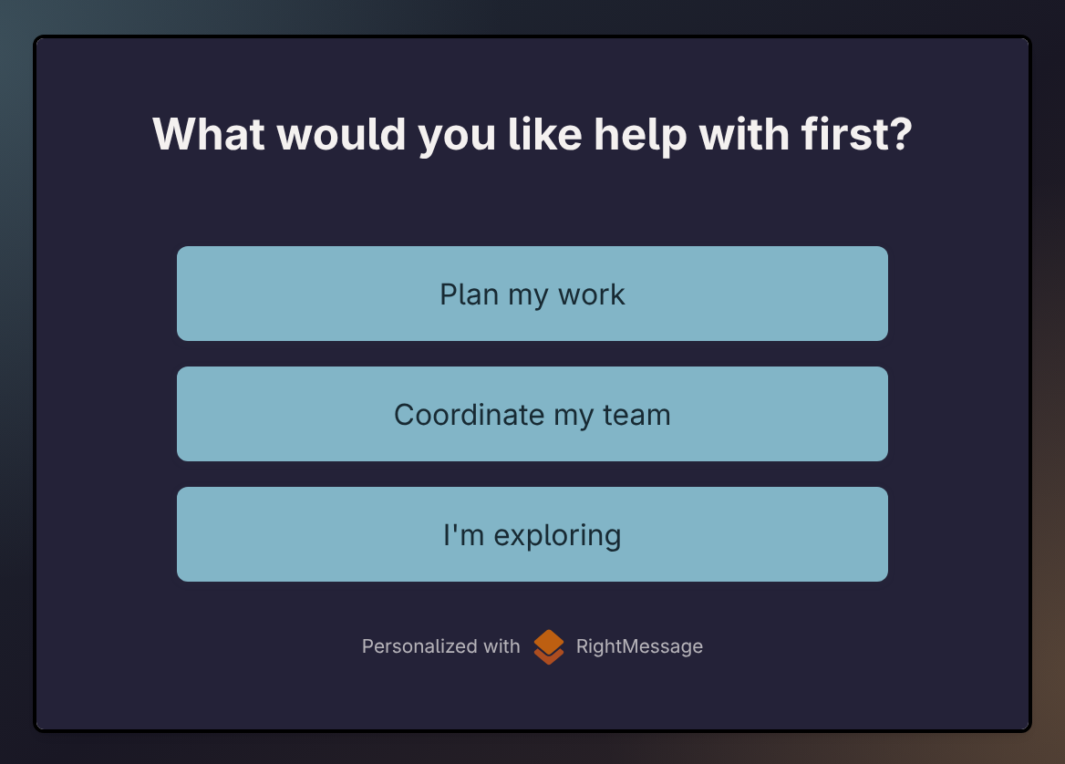 WorkForge recommendation asking what visitors want help with, with planning, team, and exploring answers