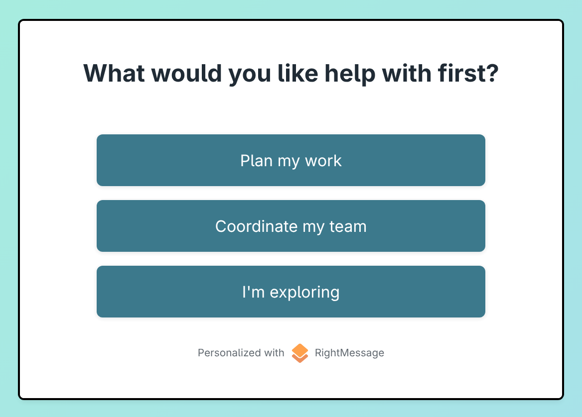 WorkForge recommendation asking what visitors want help with, with planning, team, and exploring answers