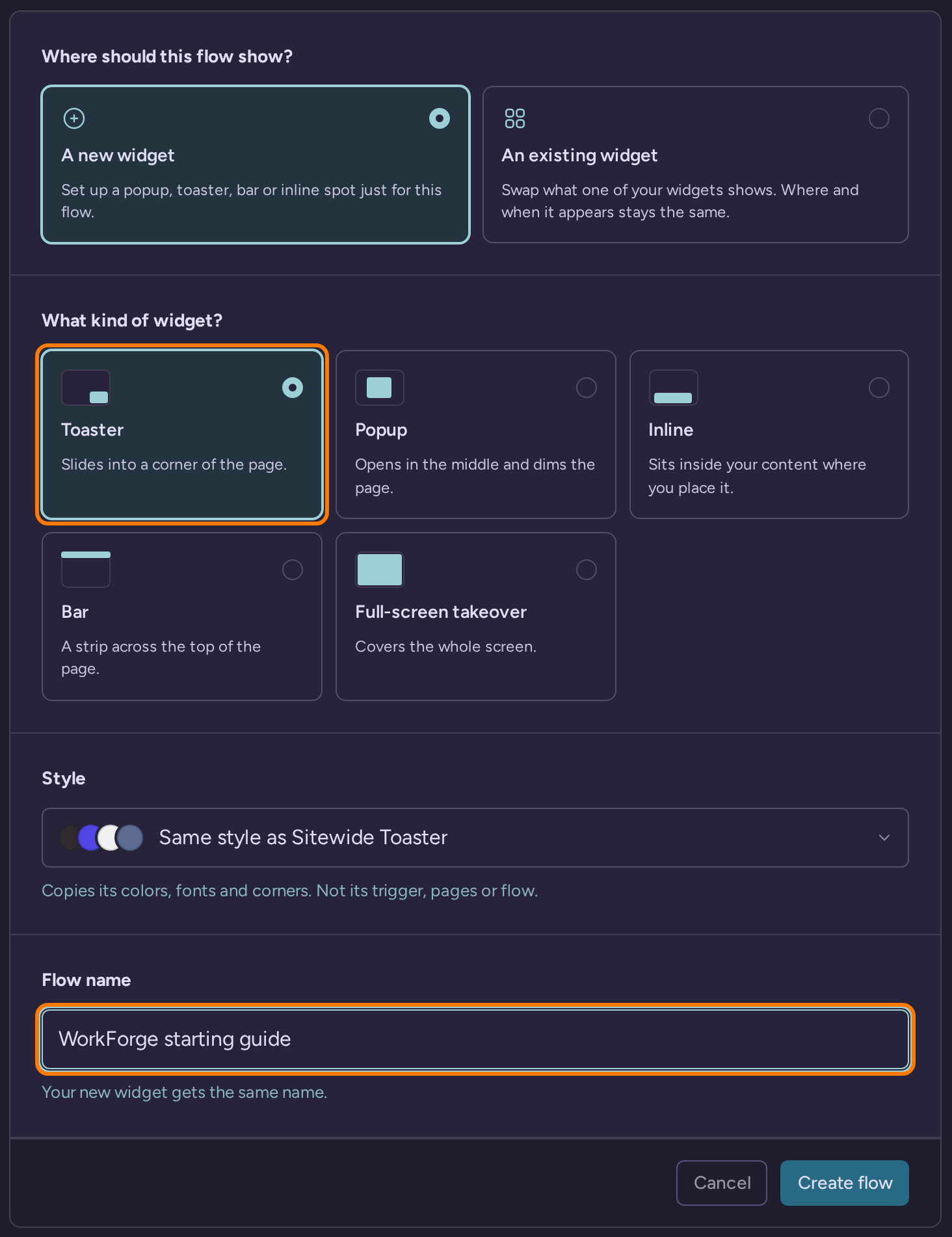 New flow setup with A new widget, Toaster, and the WorkForge starting guide name selected
