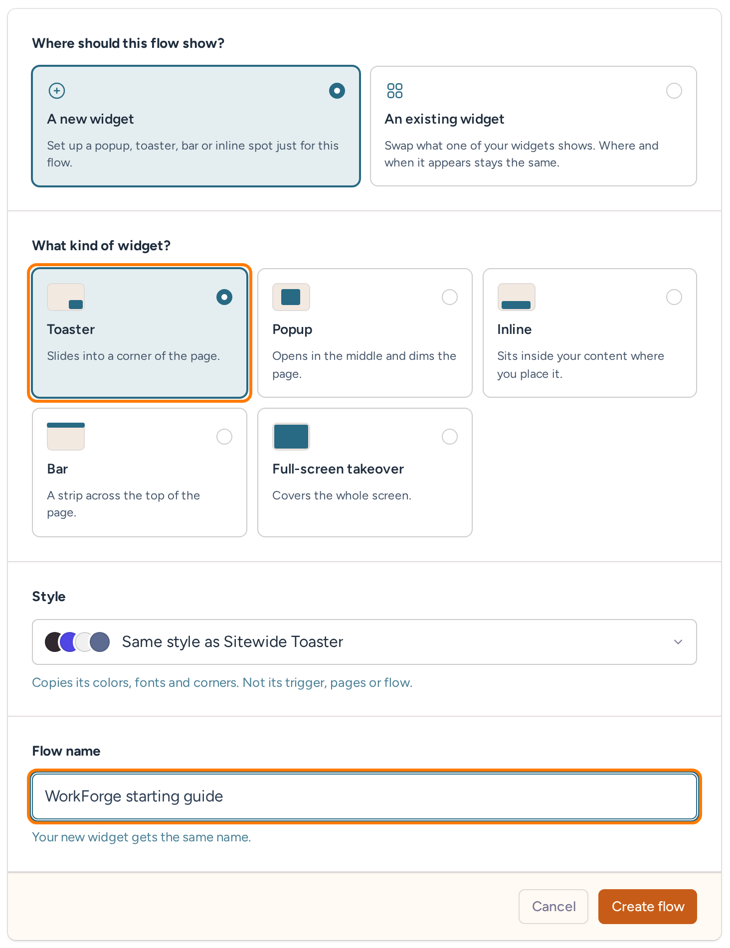 New flow setup with A new widget, Toaster, and the WorkForge starting guide name selected