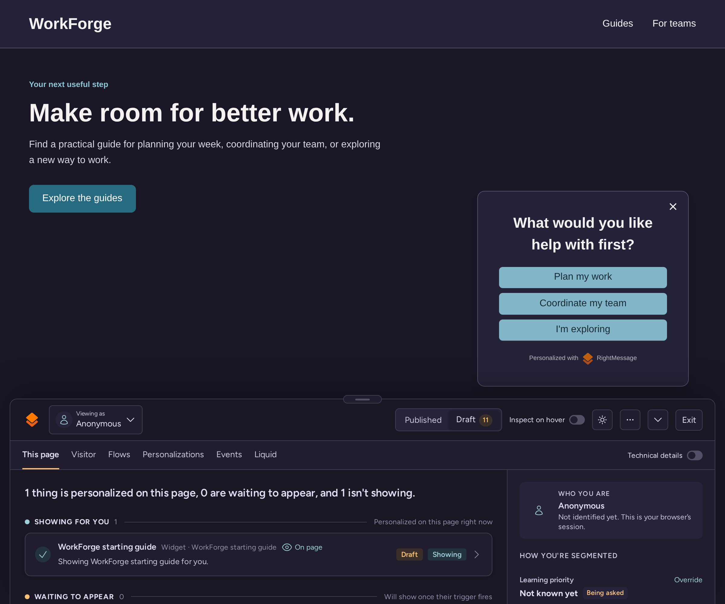 WorkForge website preview with the starting question in a bottom-right Toaster and the RightMessage debugger docked below in Draft mode