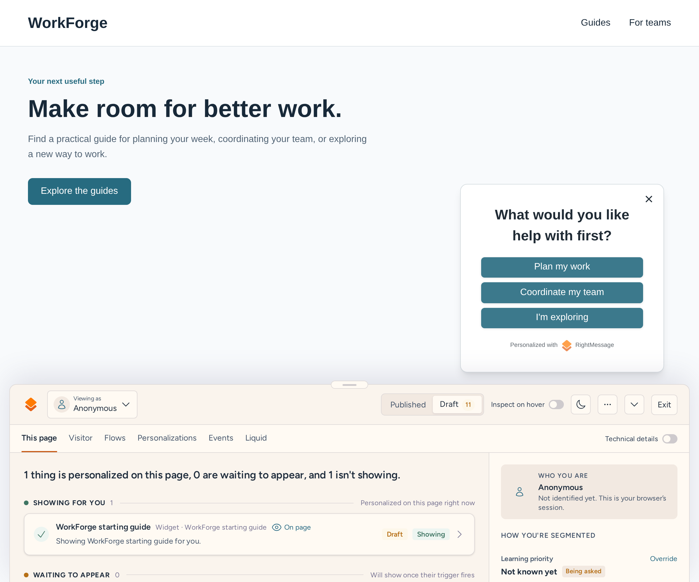 WorkForge website preview with the starting question in a bottom-right Toaster and the RightMessage debugger docked below in Draft mode