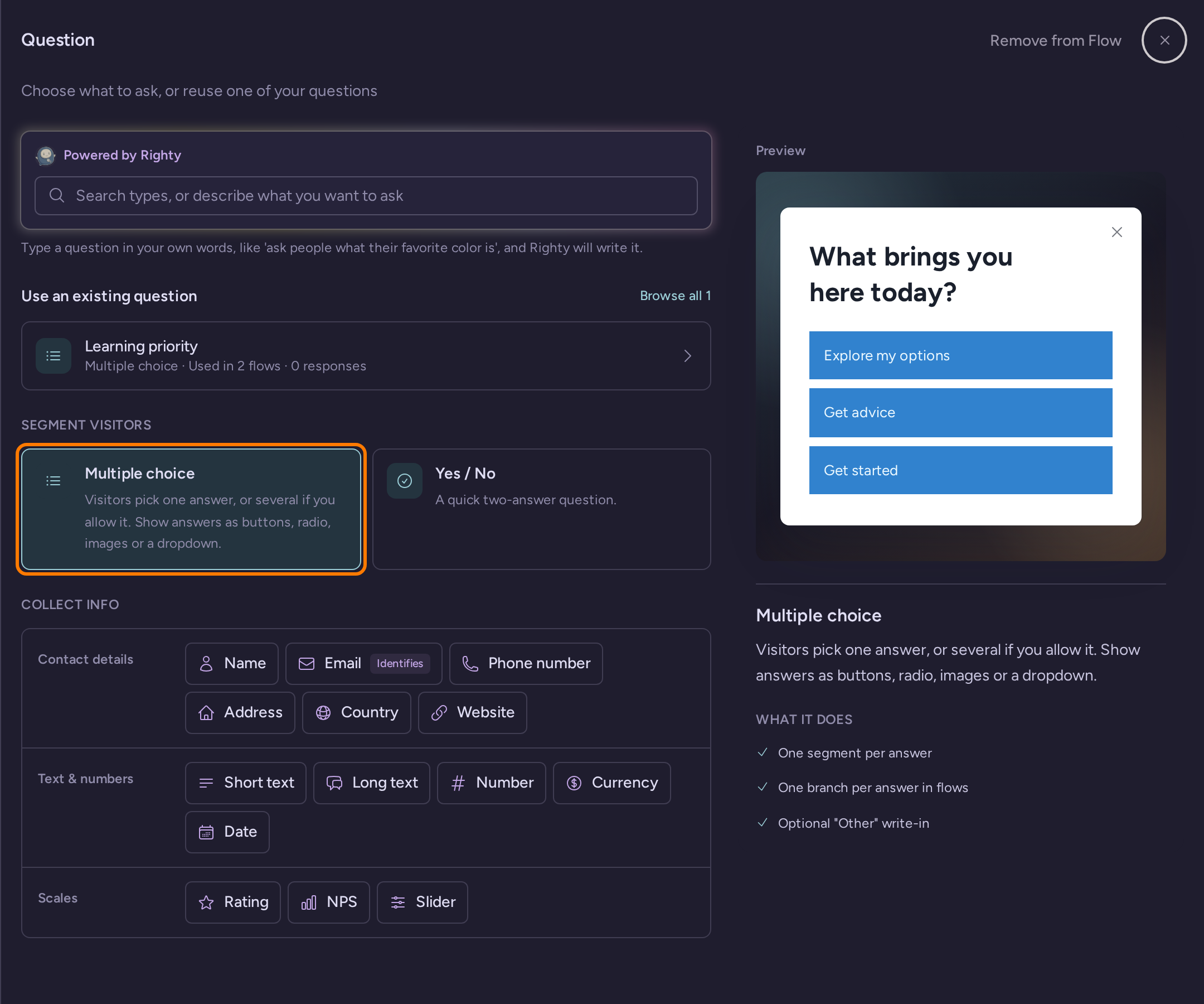 Flow question drawer with Choose what to ask, or reuse one of your questions and Multiple choice highlighted under Segment visitors