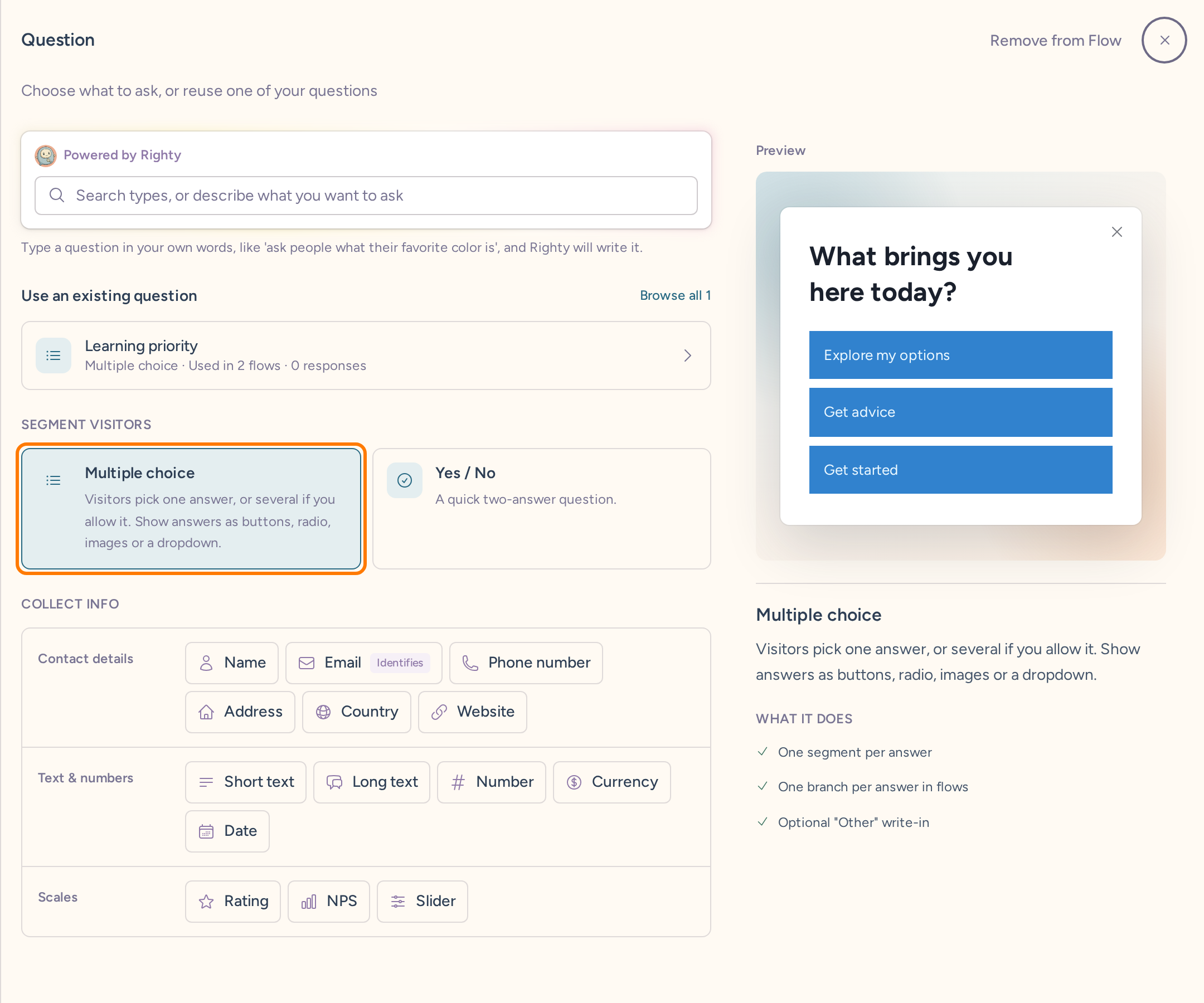 Flow question drawer with Choose what to ask, or reuse one of your questions and Multiple choice highlighted under Segment visitors