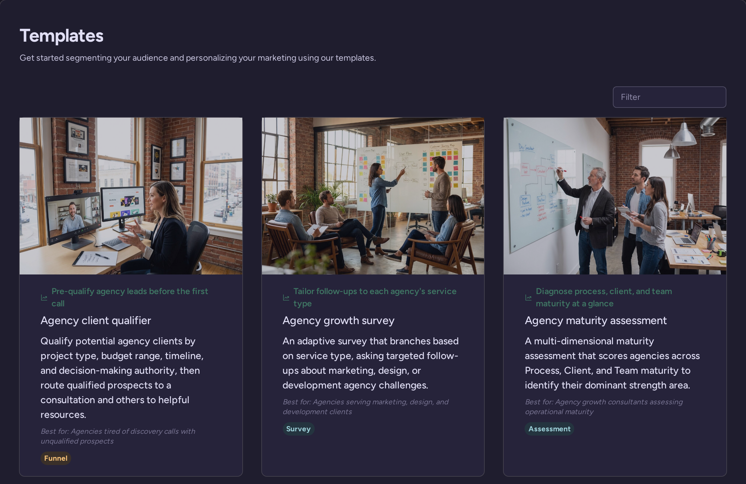 Template library with ready-made surveys, assessments, quizzes and qualification funnels