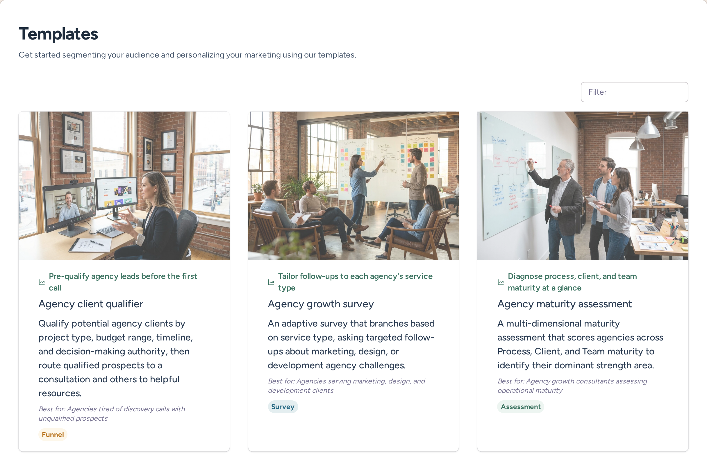 Template library with ready-made surveys, assessments, quizzes and qualification funnels