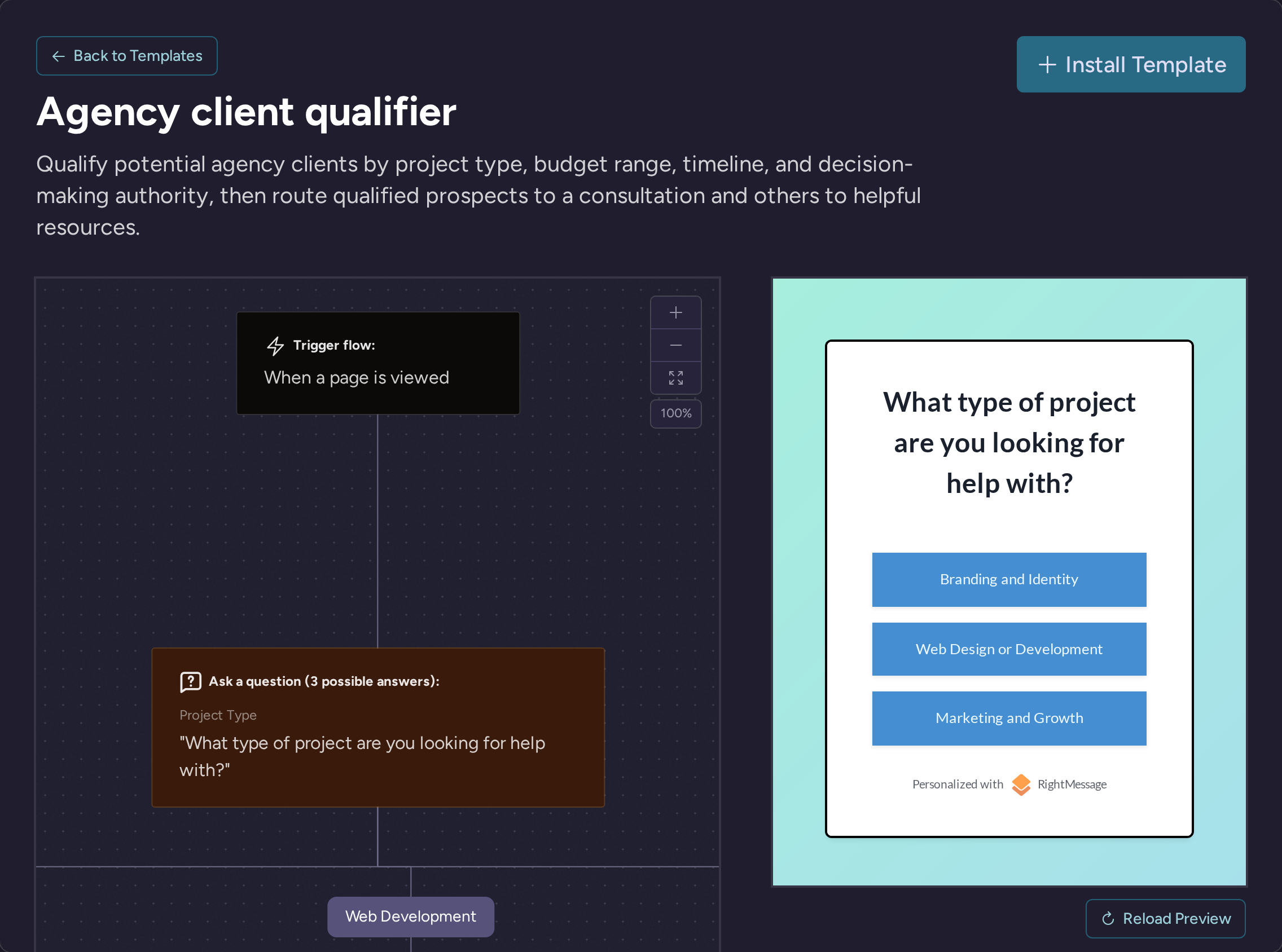 Agency client qualifier template with its opening project-type question and interactive preview