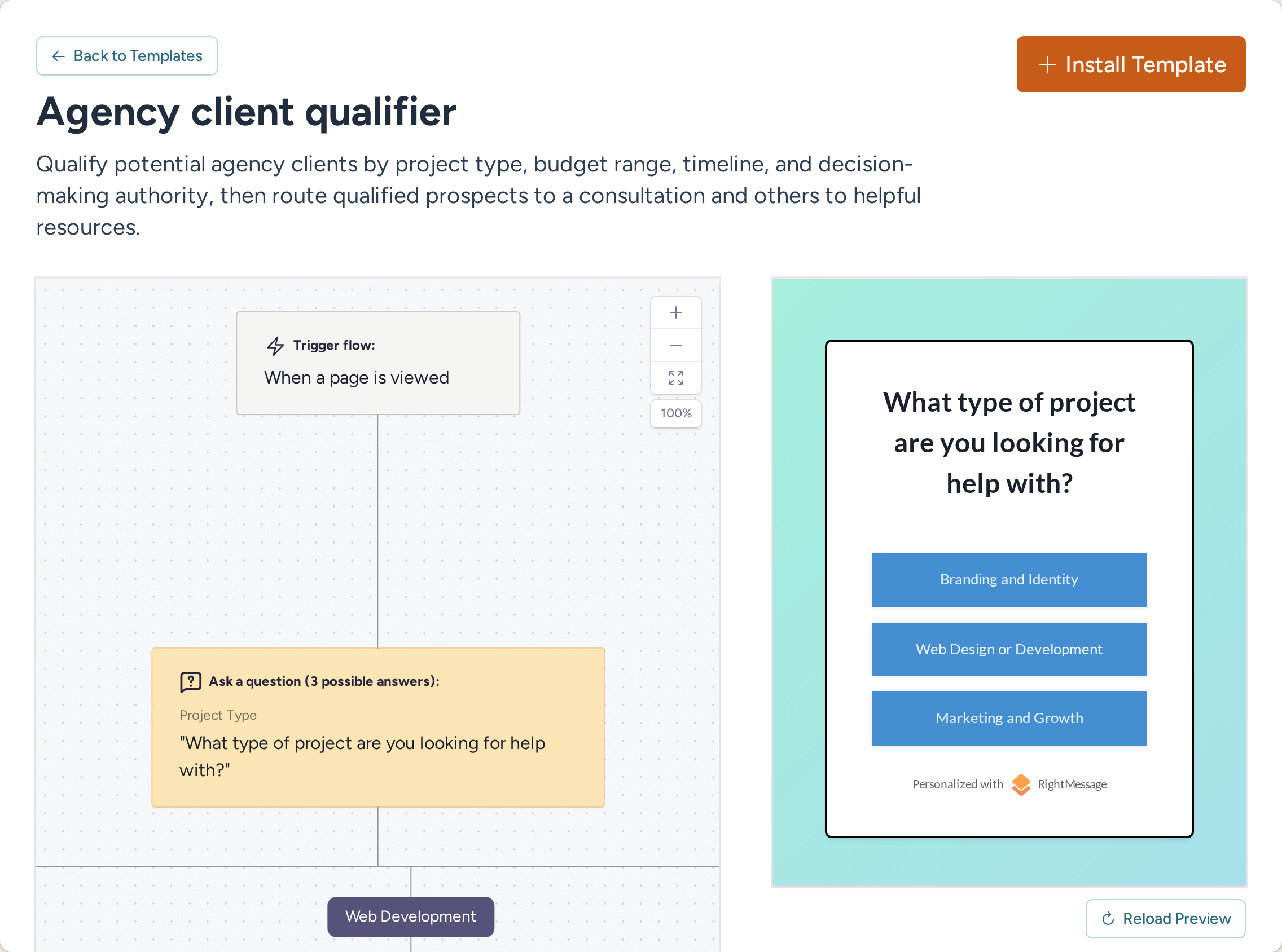Agency client qualifier template with its opening project-type question and interactive preview