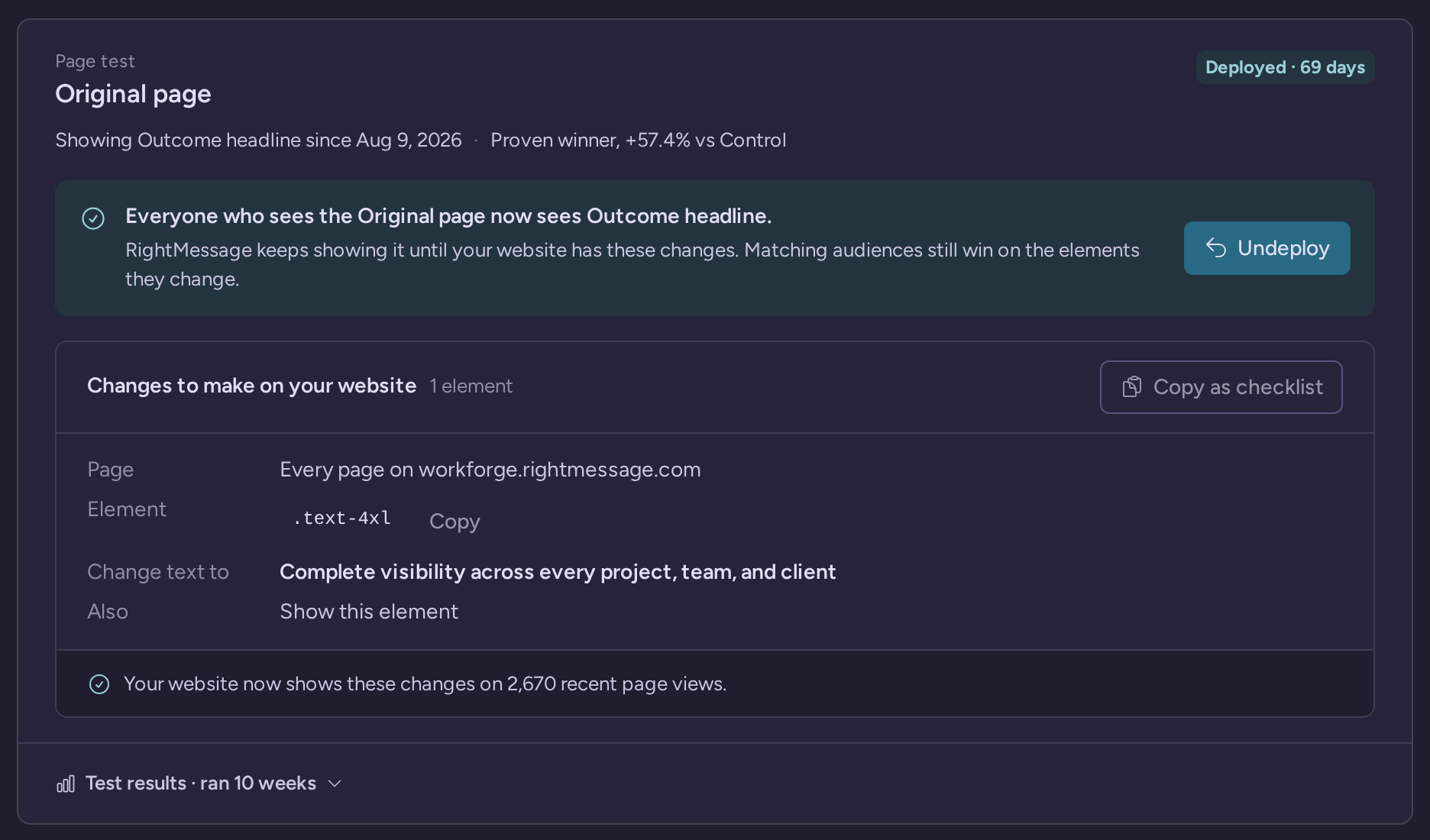 Original page test deployed for 69 days, with Undeploy, the changes to make on your website, Copy as checklist and the website check