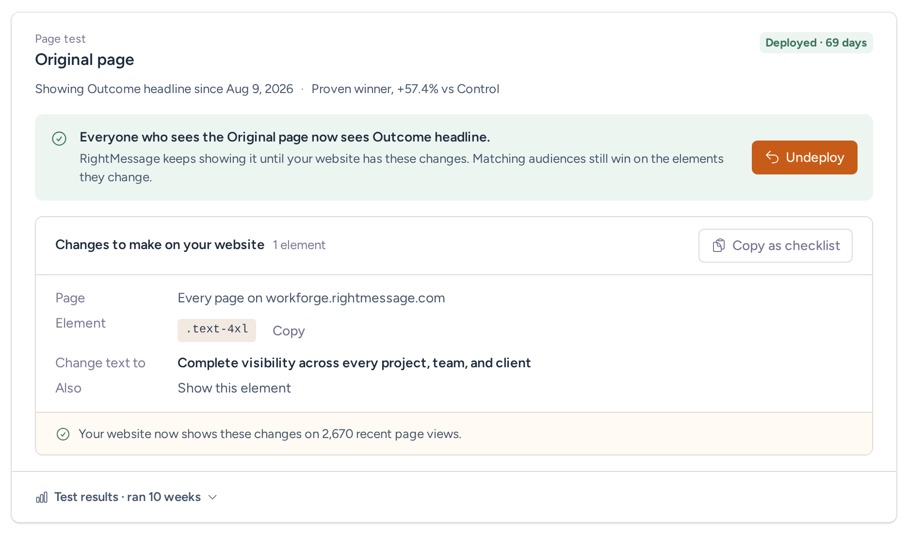 Original page test deployed for 69 days, with Undeploy, the changes to make on your website, Copy as checklist and the website check
