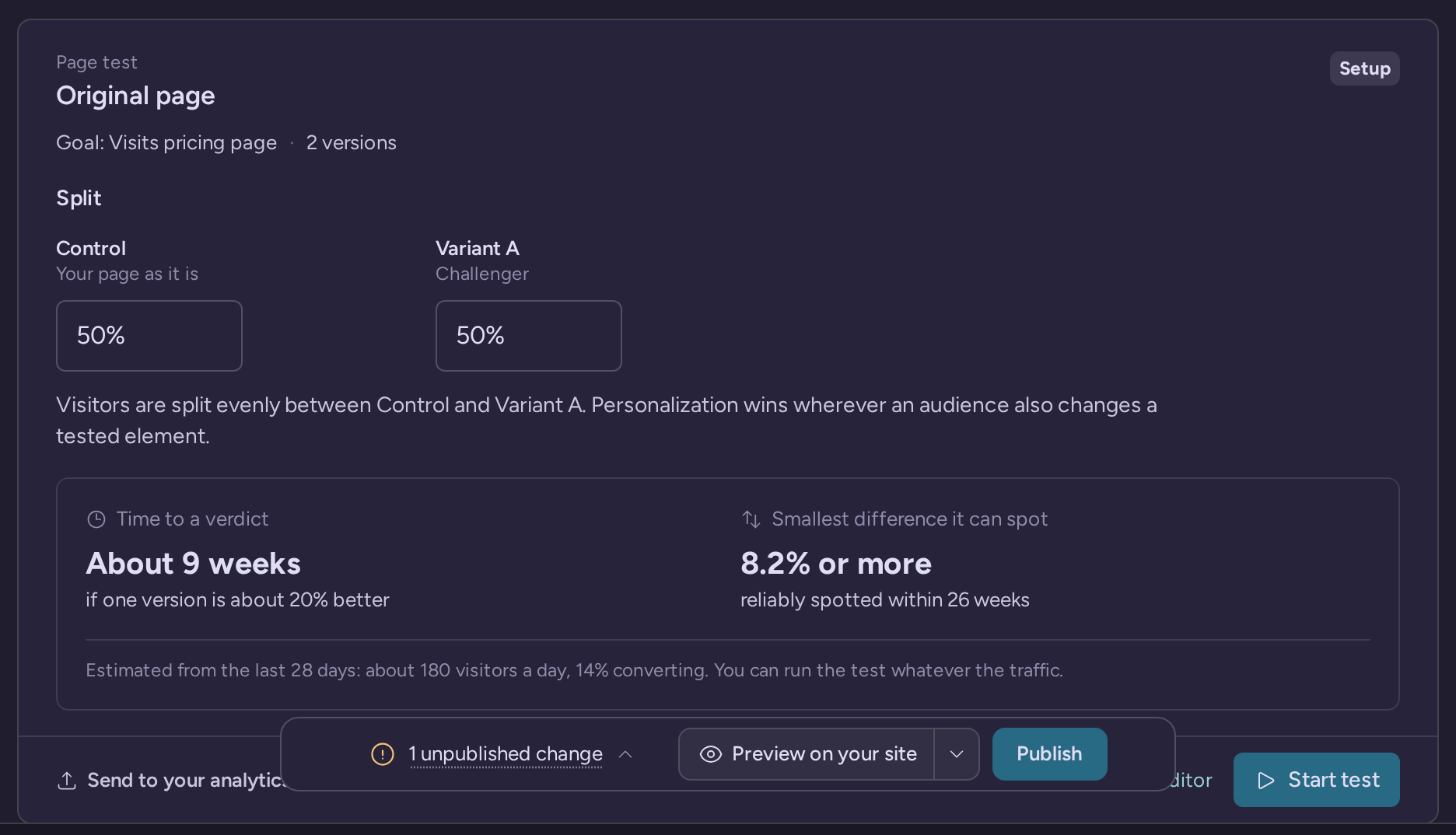 Original page test in setup with a 50/50 split and the estimate of the time to a verdict and the smallest difference it can spot