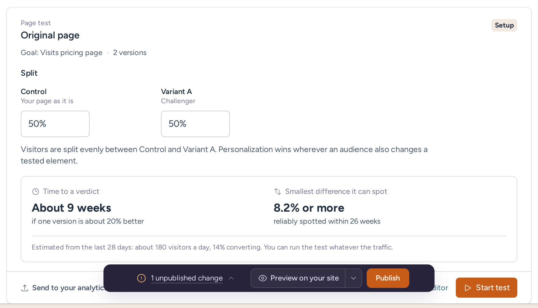 Original page test in setup with a 50/50 split and the estimate of the time to a verdict and the smallest difference it can spot