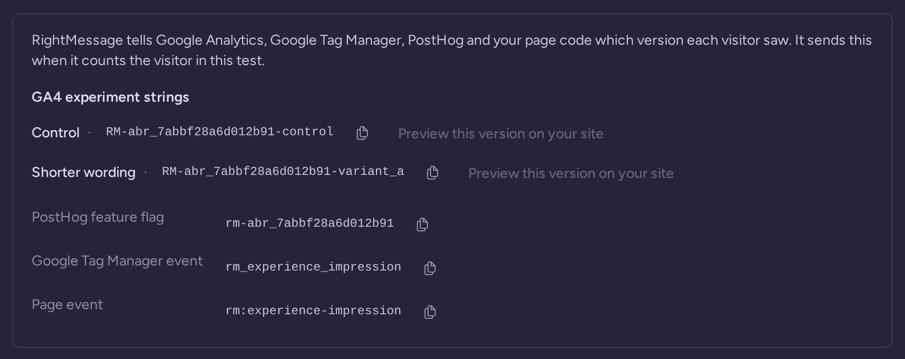 Send to your analytics panel listing the experience values each version sends to Google Analytics, Google Tag Manager and PostHog