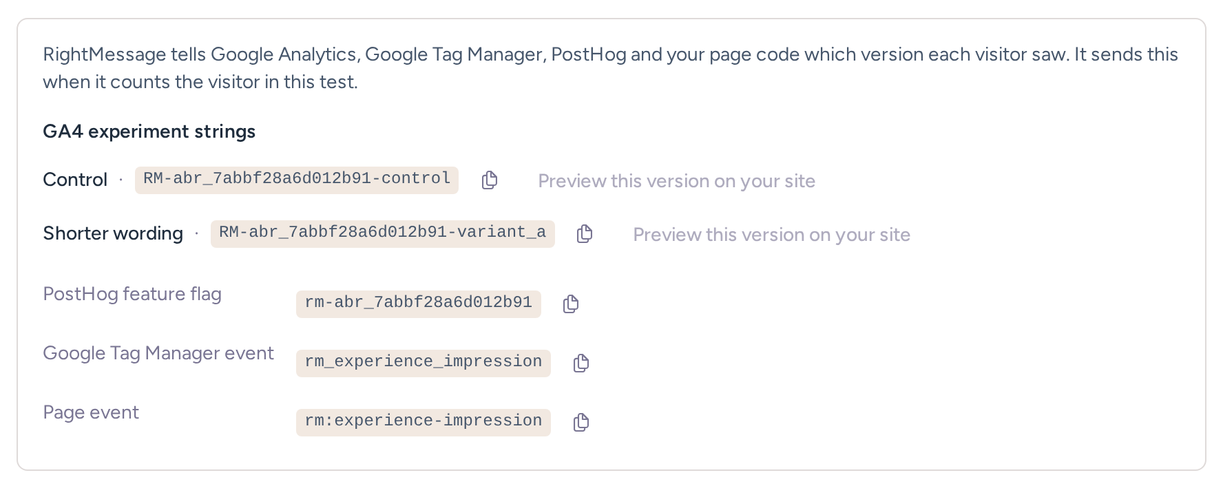 Send to your analytics panel listing the experience values each version sends to Google Analytics, Google Tag Manager and PostHog