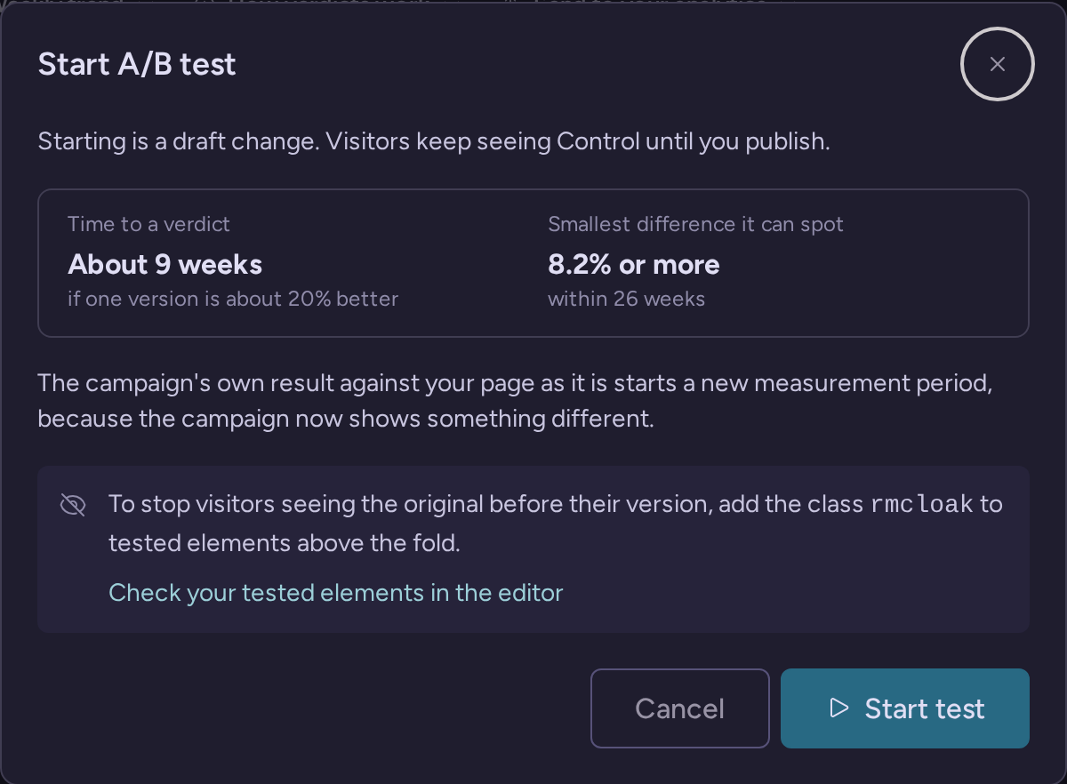 Start A/B test dialog explaining that starting is a draft change, with the time-to-verdict estimate and the rmcloak reminder