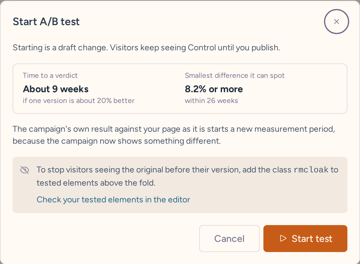 Start A/B test dialog explaining that starting is a draft change, with the time-to-verdict estimate and the rmcloak reminder