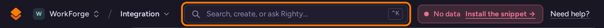 RightMessage top bar with the project switcher, current page, command search and help link