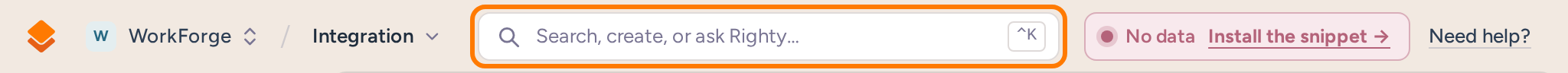 RightMessage top bar with the project switcher, current page, command search and help link