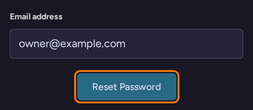 Password reset request form with an example email address and Reset Password button