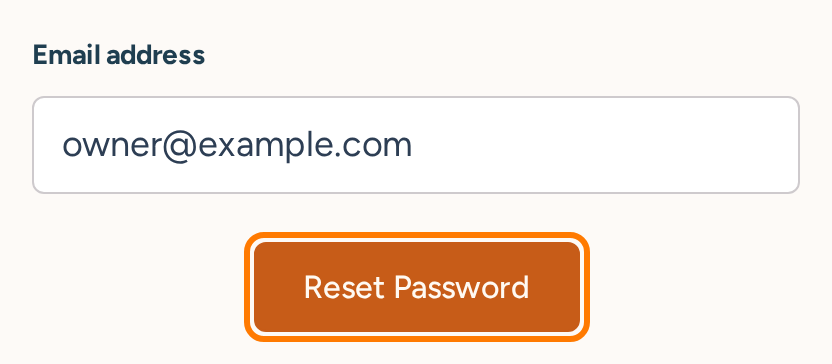Password reset request form with an example email address and Reset Password button