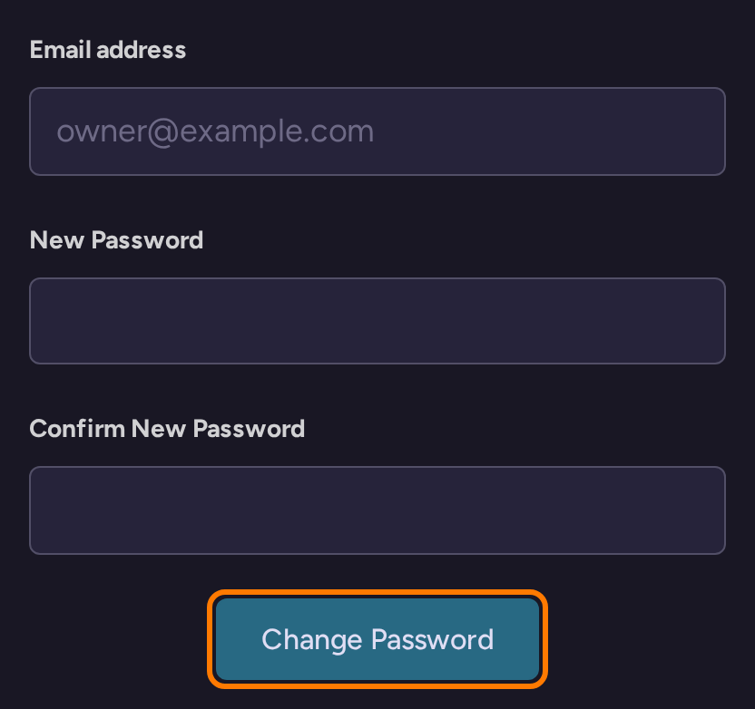 Password recovery form with a read-only example email, New Password, Confirm New Password, and Change Password