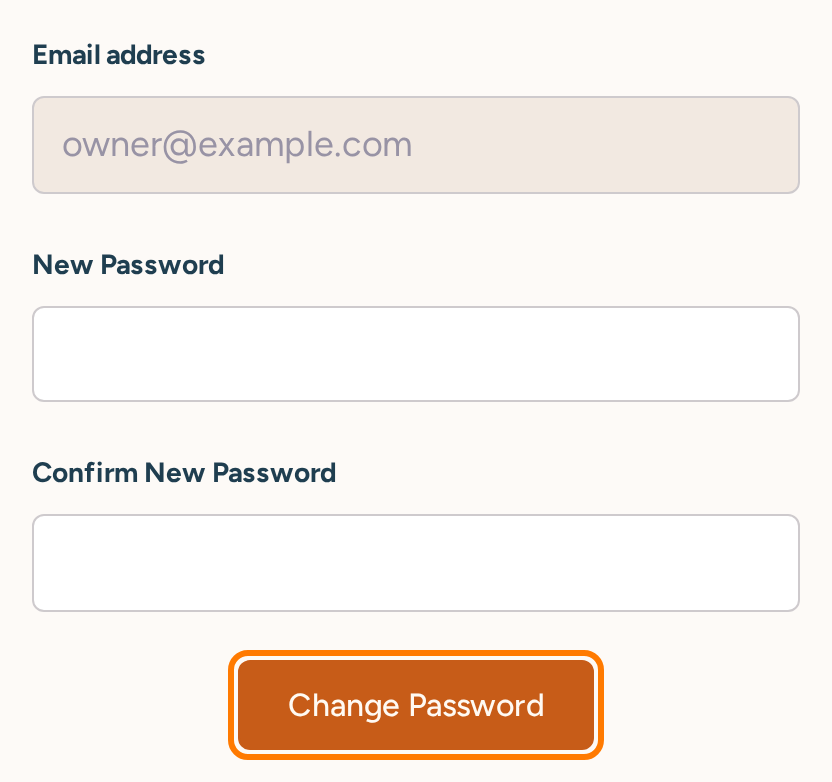 Password recovery form with a read-only example email, New Password, Confirm New Password, and Change Password