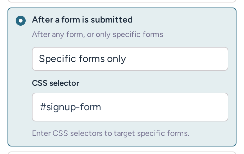Popup display settings with After a form is submitted selected and a CSS selector restricting observation to a specific form
