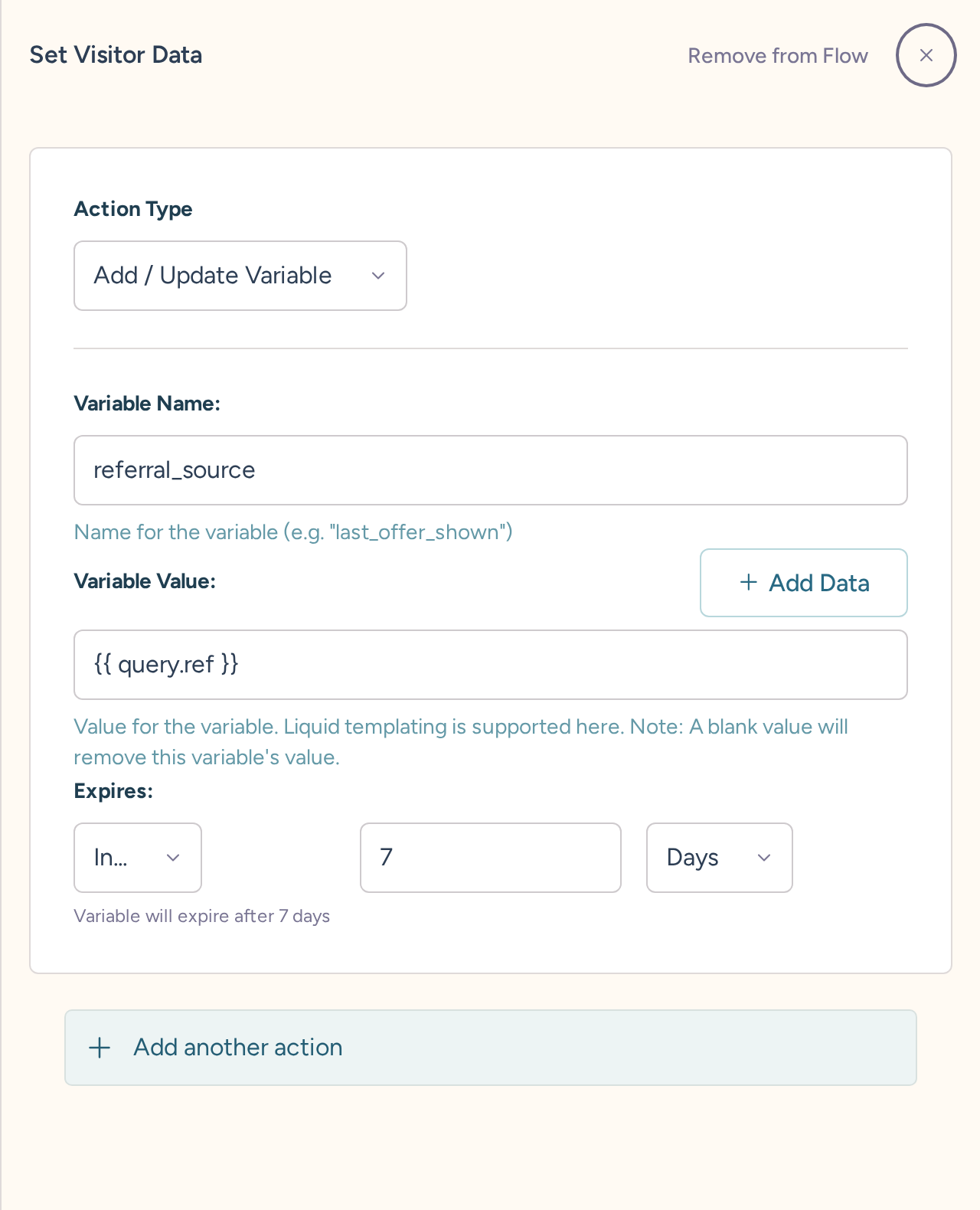 Set Variable action storing the remembered query.ref value as referral_source for seven days