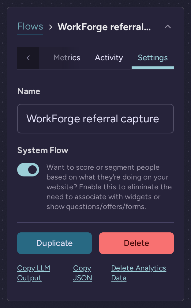 WorkForge referral capture flow Settings with System Flow enabled and no attached widget