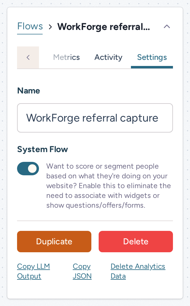 WorkForge referral capture flow Settings with System Flow enabled and no attached widget