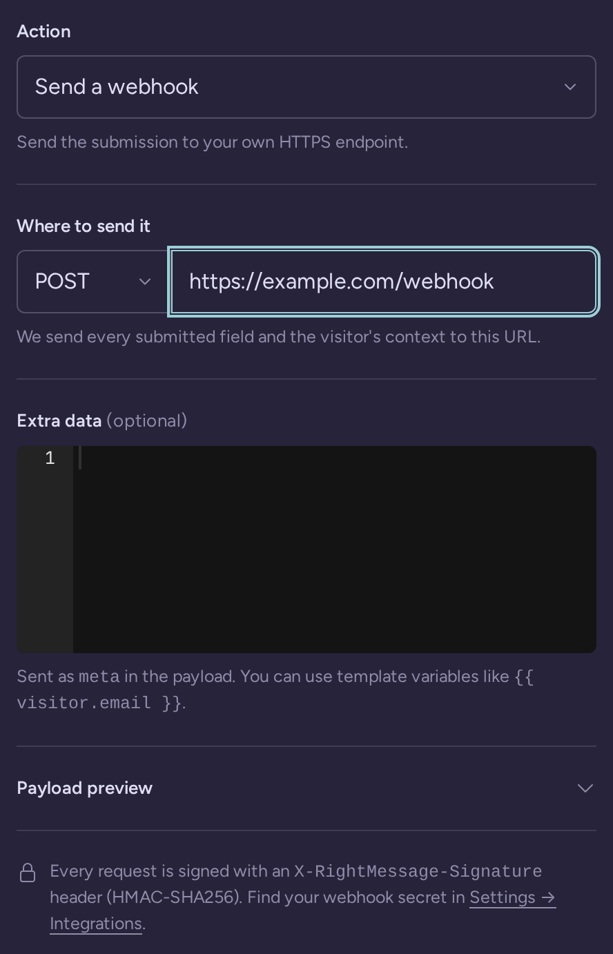 Form webhook action with a POST method, an example HTTPS destination, optional extra data, and the payload preview control