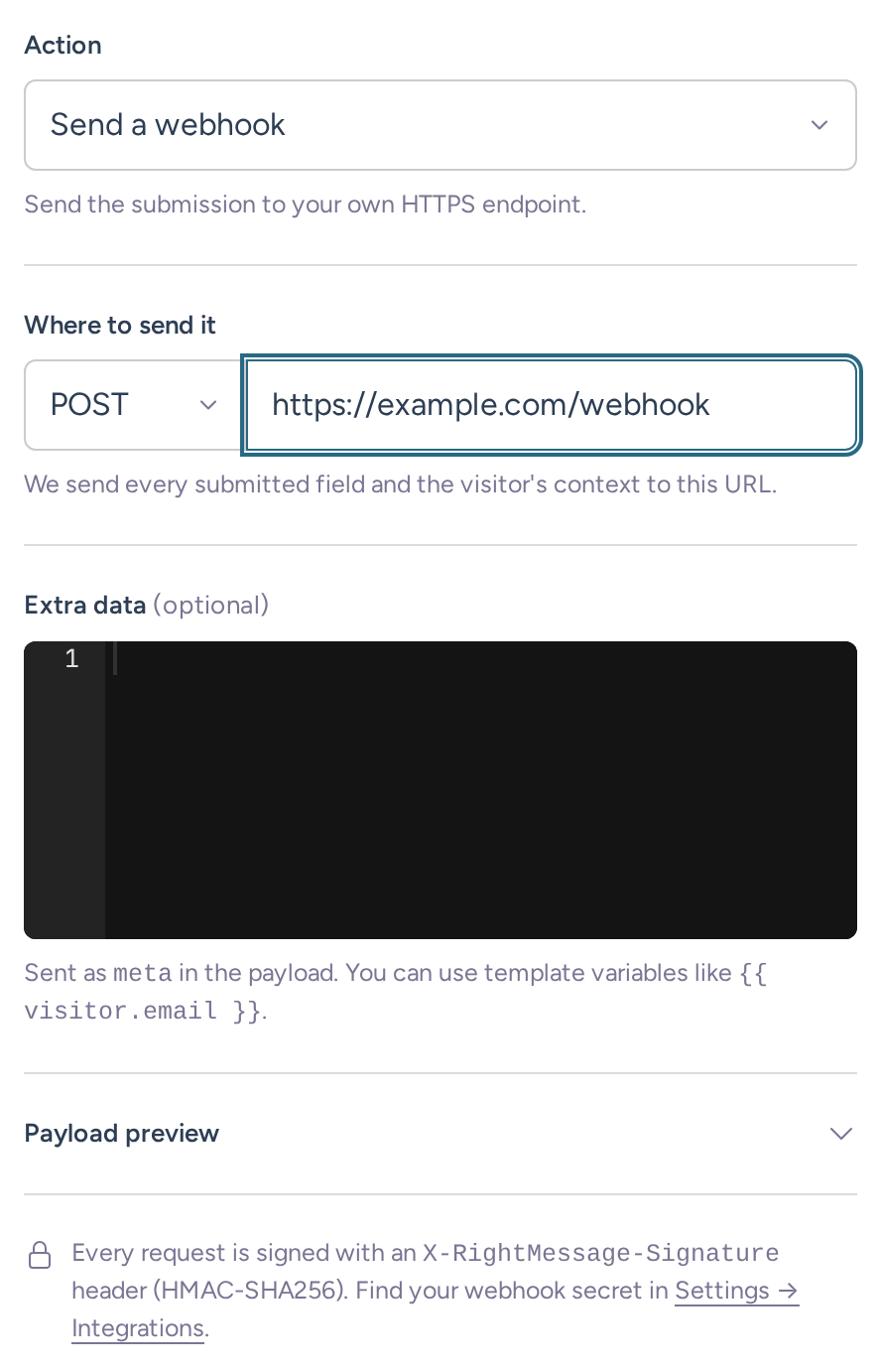Form webhook action with a POST method, an example HTTPS destination, optional extra data, and the payload preview control