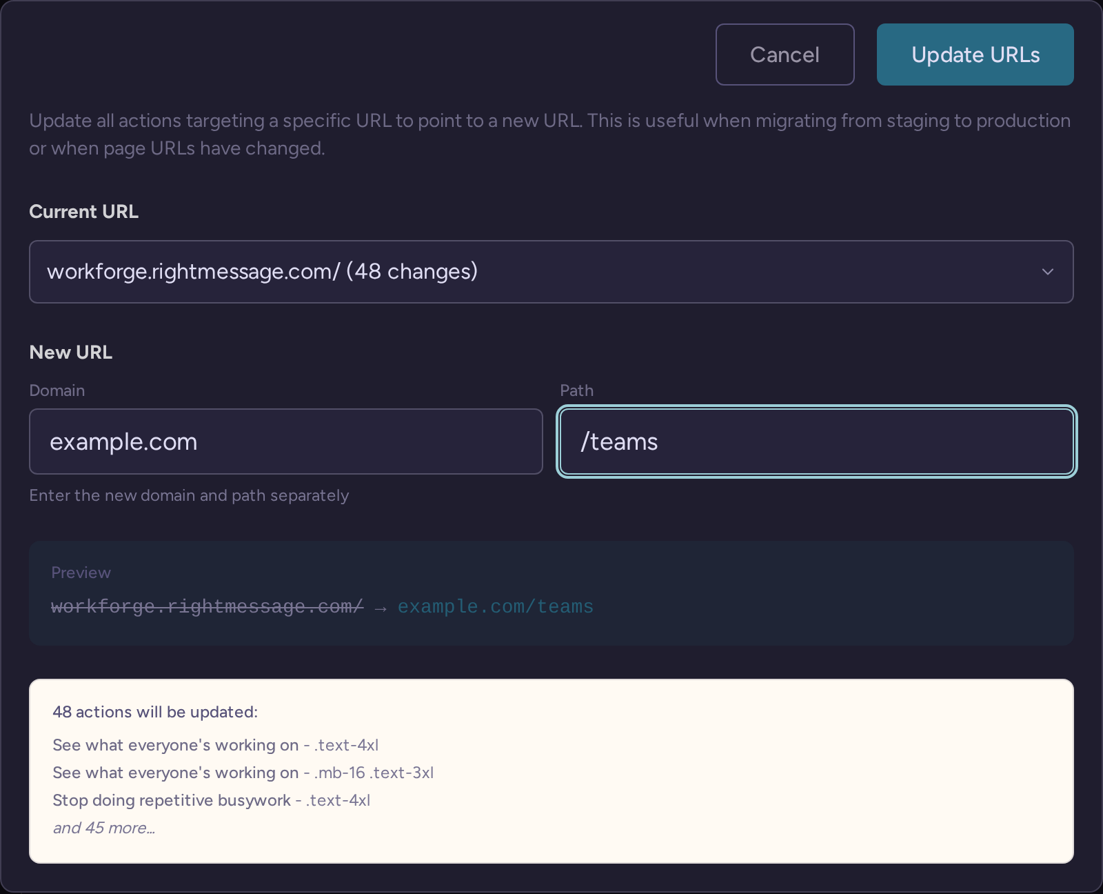 Bulk URL update dialog with separate domain and path fields, a preview, and the affected campaign actions