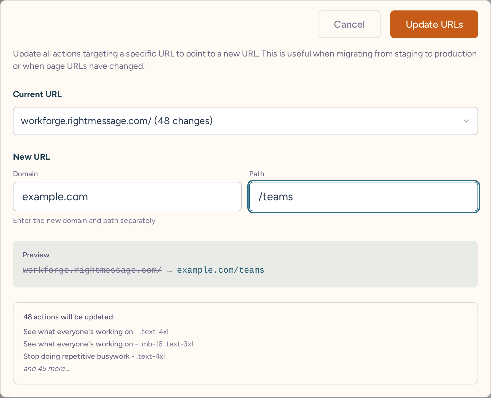 Bulk URL update dialog with separate domain and path fields, a preview, and the affected campaign actions