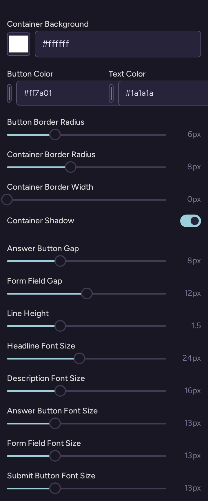 Hosted page Flow settings with container and button colors, border controls, spacing, and separate font-size sliders