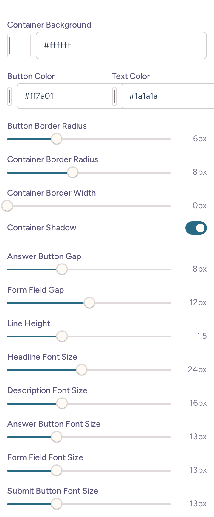 Hosted page Flow settings with container and button colors, border controls, spacing, and separate font-size sliders