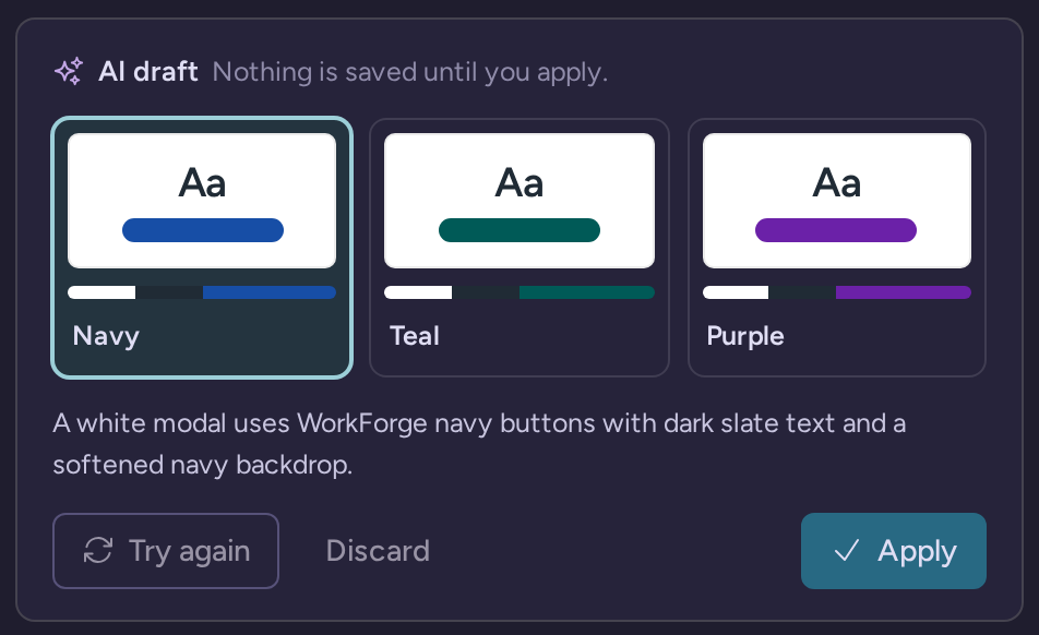 Three generated WorkForge widget design variants with Discard and Apply controls