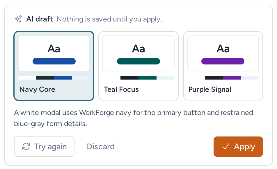Three generated WorkForge widget design variants with Discard and Apply controls